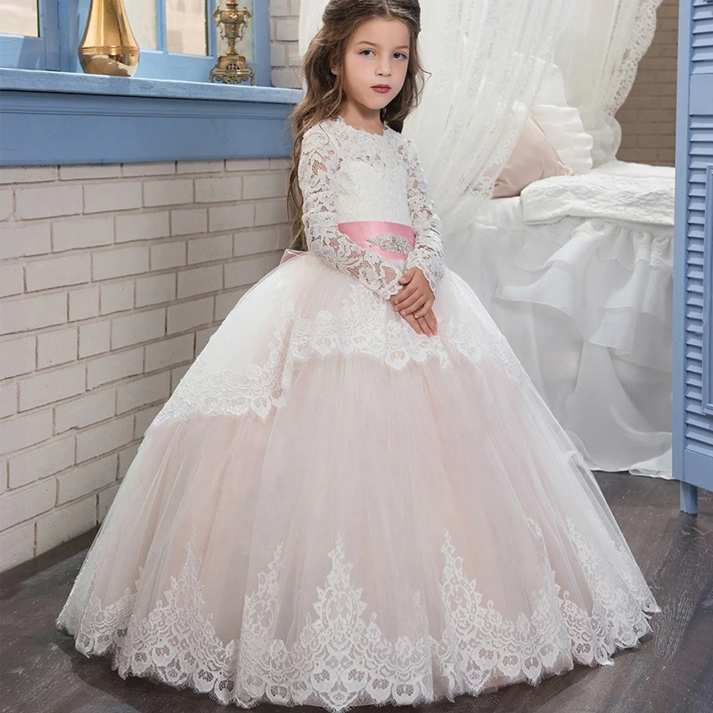 

White Kids Teenager Pink White Bridesmaid Dress For Girls Children Long Sleeve Lace Princess Backless Party Wedding Dress