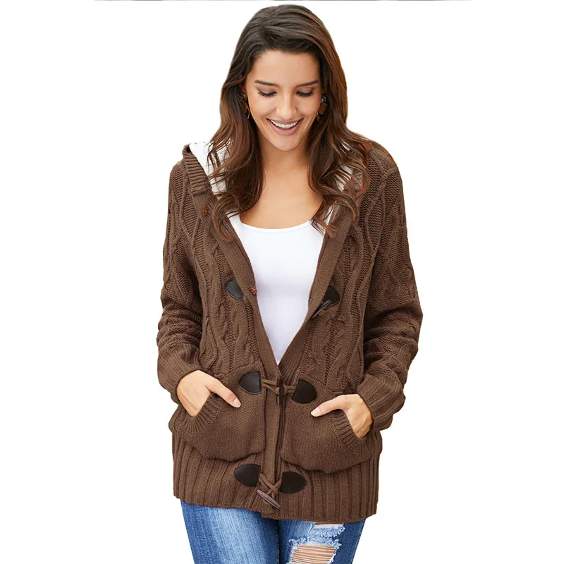 

Donsignet Women's Sweater New Fashion Temperament Hooded Cardigan Thick Solid Color Knitted Long Sleeves