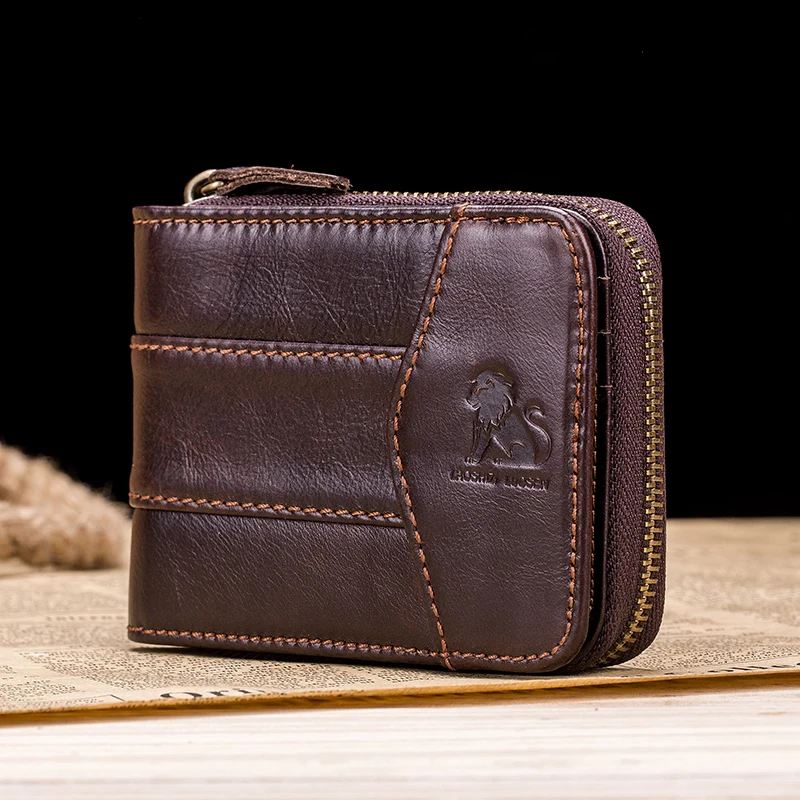 

LAOSHIZI Genuine Leather RFID Wallet For Men Roomy Cardholder Wallet Coin Purse Zipper Short Wallet Anti-theft