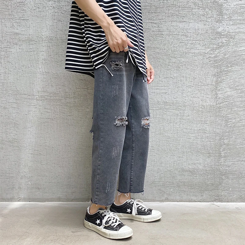 

Spring Summer Men's Ripped Hole Jeans Straight Loose Male Denim Trousers Faashion Black/Blue Jeans Streetwear Men S-5XL