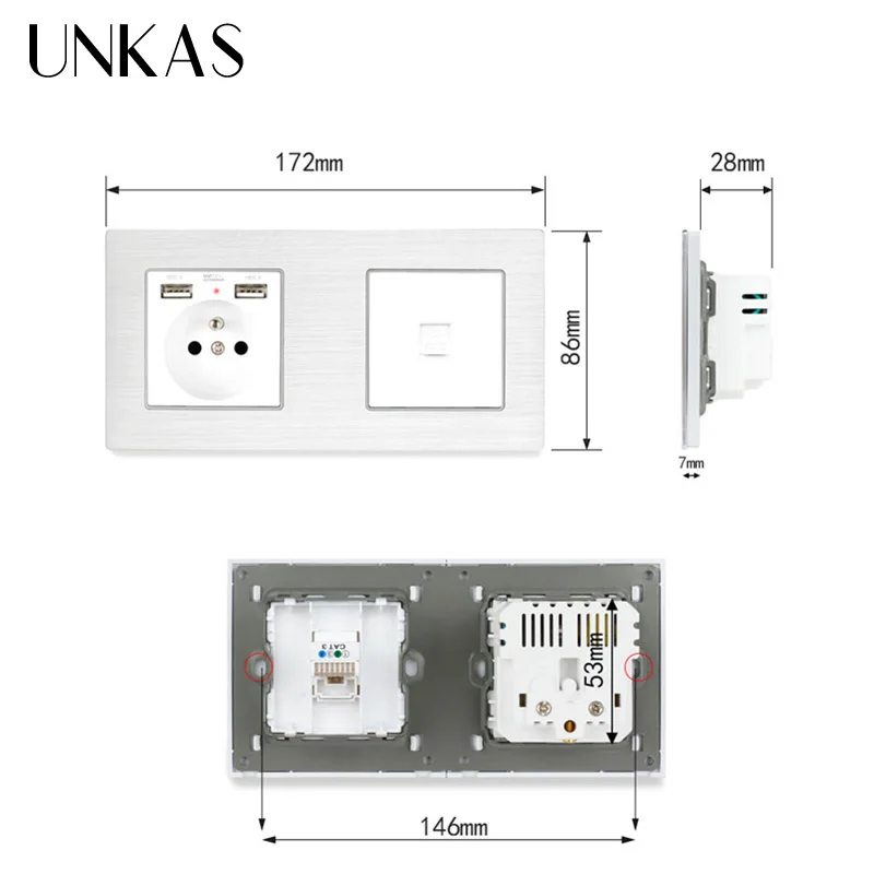 UNKAS французская стандартная розетка с двойным USB-выходом RJ11 для телефона белая