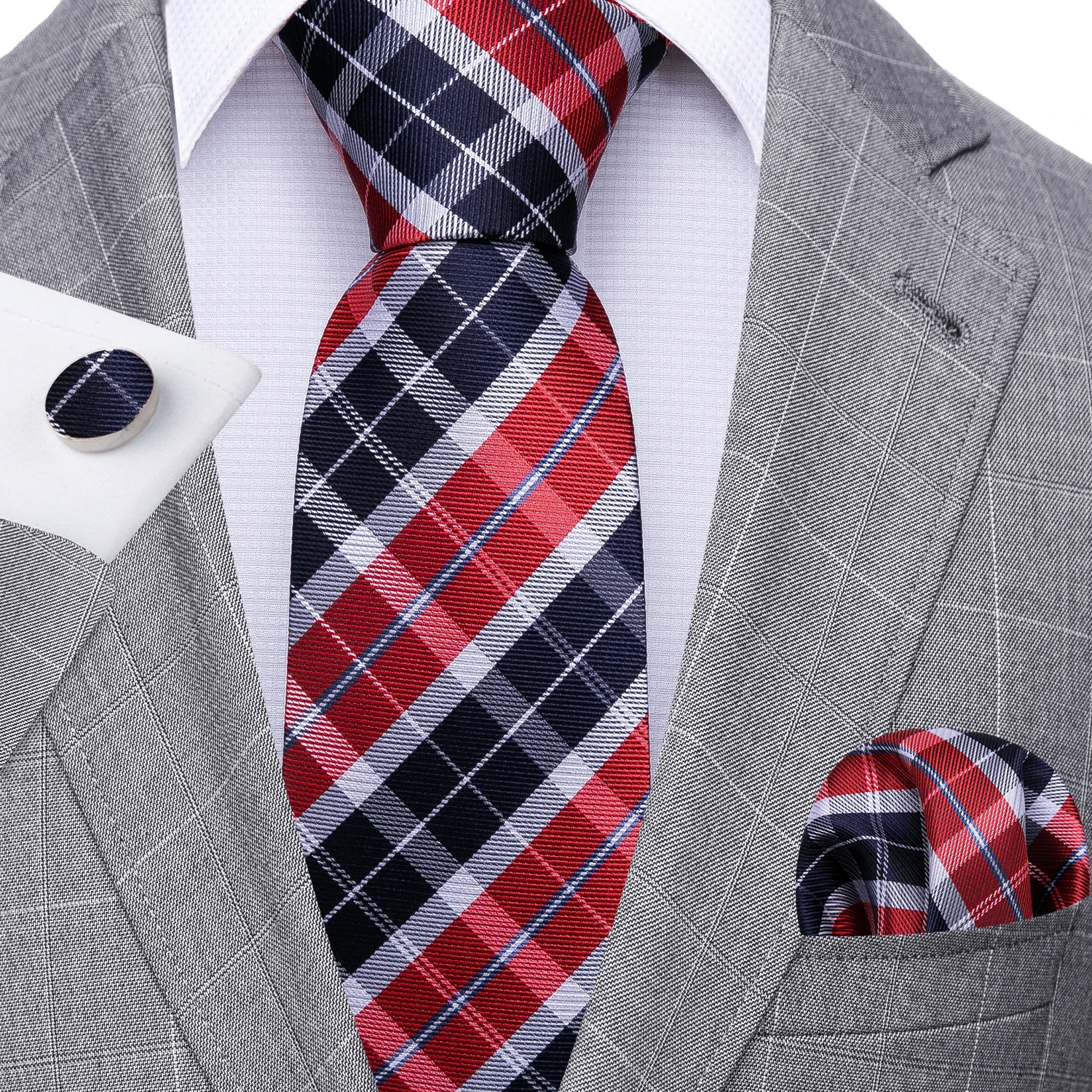 

Fashion Red Plaid Men Tie Set Silk Jacquard Necktie Wedding Business Handkerchief Cufflinks Tie Barry.Wang Designer FA-5328