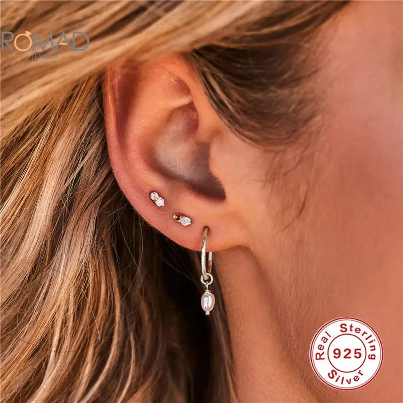 

ROMAD 925 Sterling Silver Pearl Pendant Earrings C Shap Stud Earrings For Women Piercing Wedding Jewelry Boucle Oreille Femme