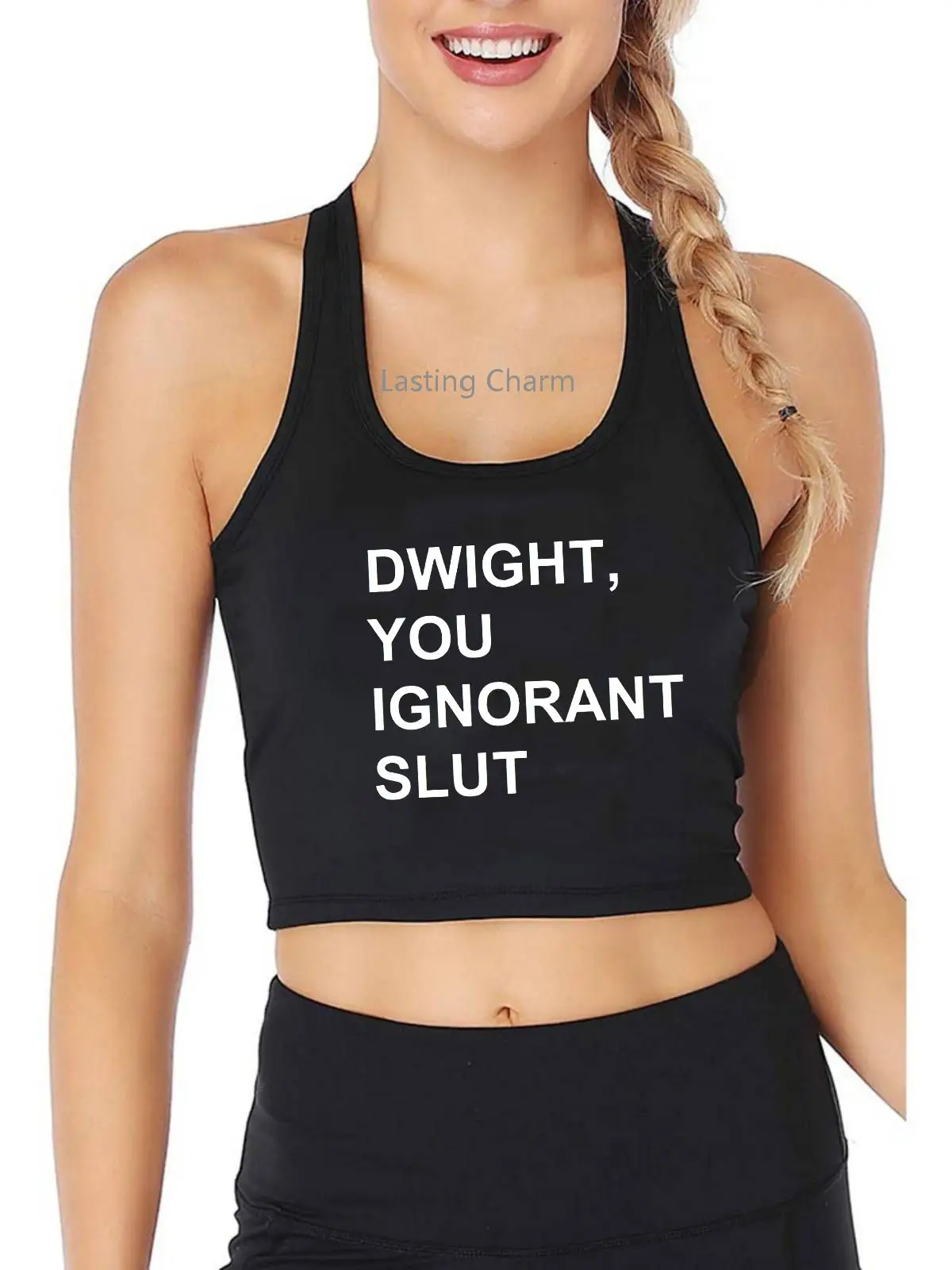 

Dwight, You Ignorant Slut Print Crop Tank Adult Humor Fun Flirty Harajuku Print Yoga Sports Workout Crop Top Women's Gym Top