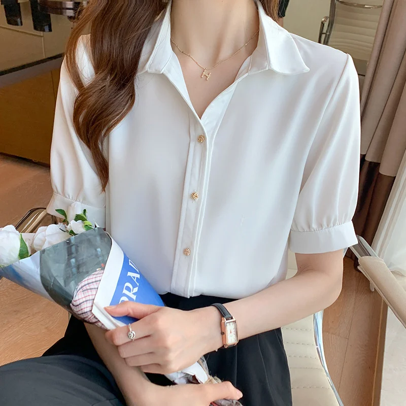 

Satin Shirt Women's Summer Loose Short Sleeve Temperament Vertical Shirt Metal Button Fashion Thin Chiffon Shirt Wn*