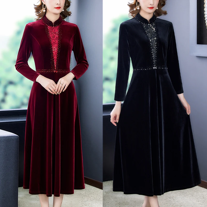 

COIGARSAM Women Dress Autumn 2021 Cheongsam Red Black Dresses Traf Robe Vestidos