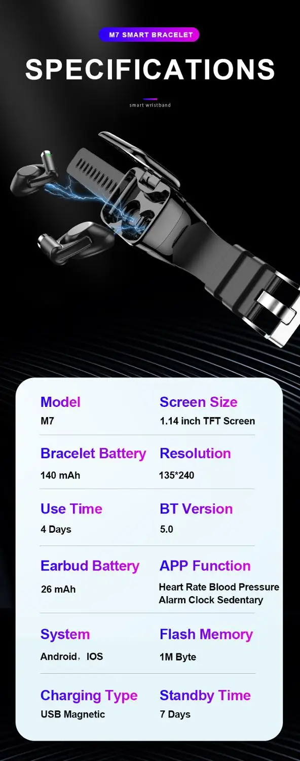 Умные часы M7 с наушниками BT5.0 Поддержка Bluetooth звонки пульсометр умные наушники