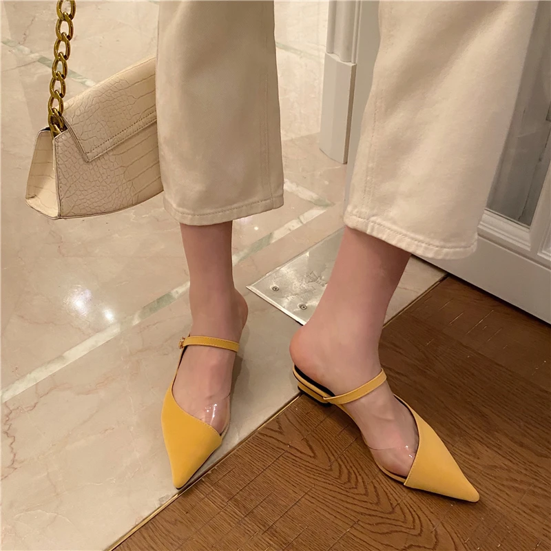 

2021 Pointed Toe Women Sandals Slippers Transparent Shoes Mid Heels Shallow Slip On Pumps Beige/Yellow/Green Beach Shoes Woman