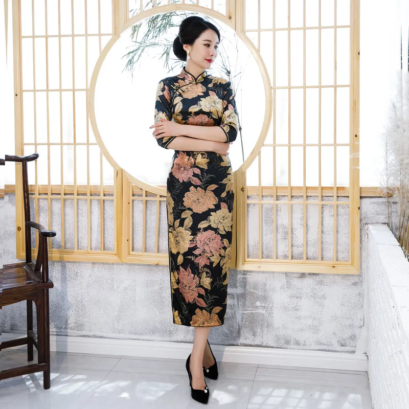 Осень-зима Cheongsam золото бархат Мода Бронзовый принт рукав три четверти платье для