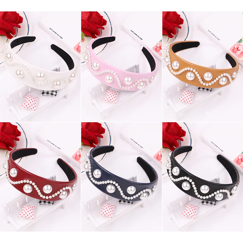 

Korean Vintage Elegant Pearls Headband For Women Girls PU Sponge Gentle Wide Headband With Wide Edges Headwear Hair Accessories