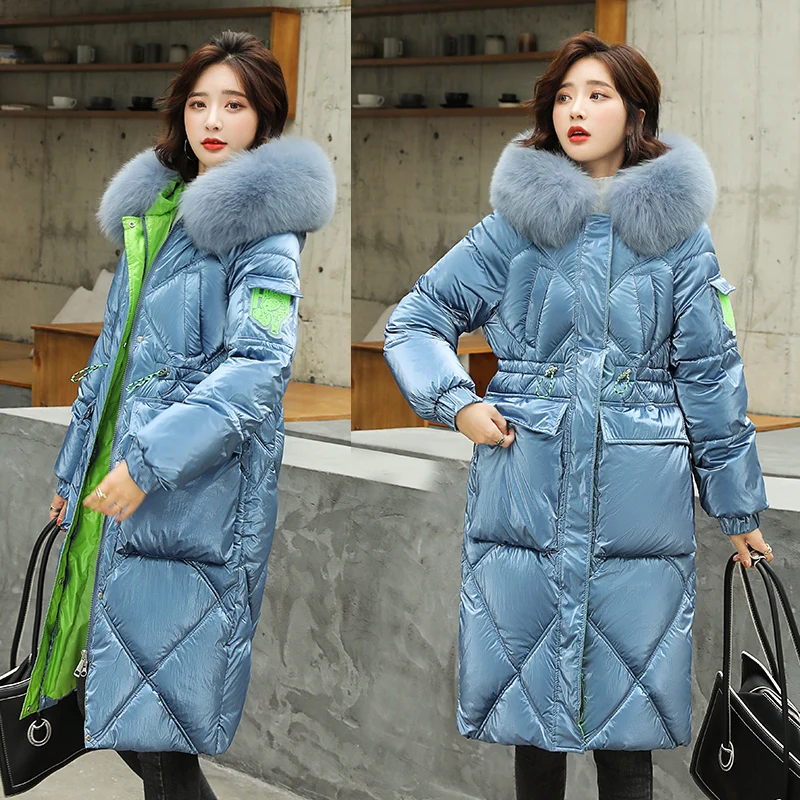 Winter Women's Mid-length Fashion Loose Down Cotton Jacket Fur Fur Collar Bright Color 2021 New Bread Jacket Zipper Yes Thick
