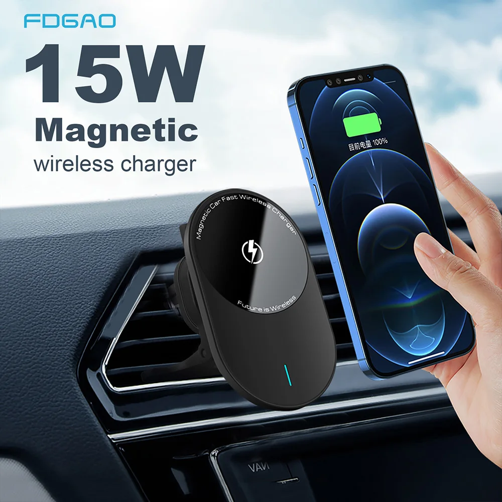 

FDGAO 15W Fast Car Magnetic Wireless Charger for Apple iPhone 13 12 Pro Max Mini Air Vent Automatic Phone Holder Magnet Bracket