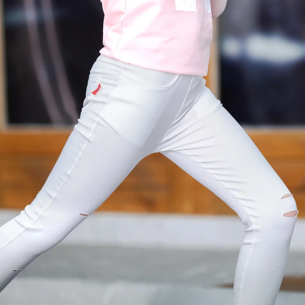 Детские Блестящие Брюки с разрезами для девочек тонкие универсальные облегающие