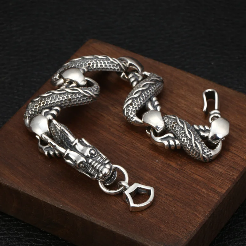 

FNJ 925 Silver Bracelet Dragon Statement 23cm Big Chain Width 15mm Original Pure S925 Silver Bracelets for Men Jewelry Fine