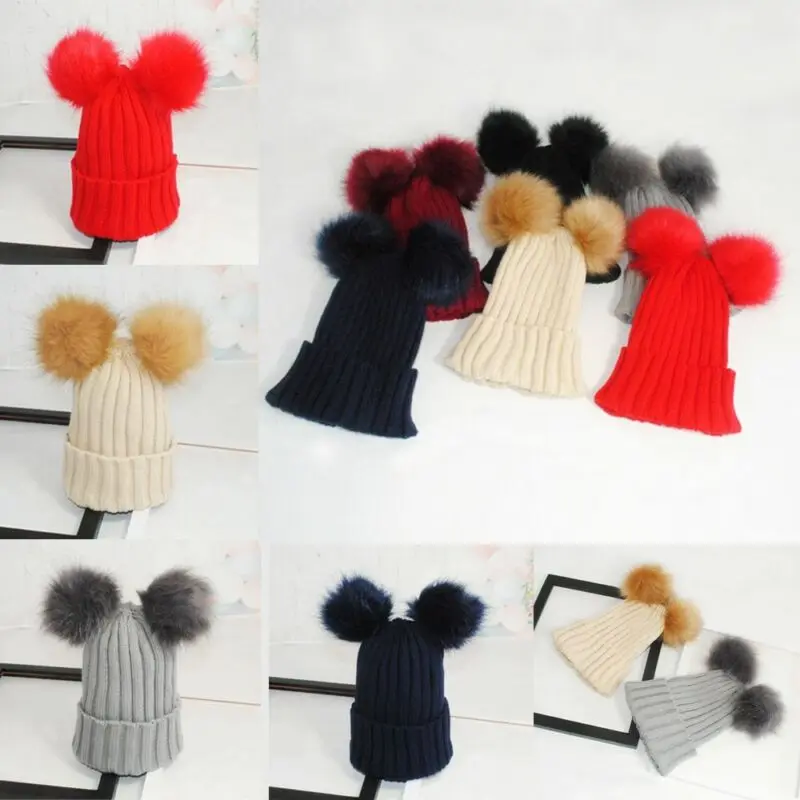 Женская зимняя Милая Шапка-бини уличные вязаные шапки с двумя меховыми помпонами