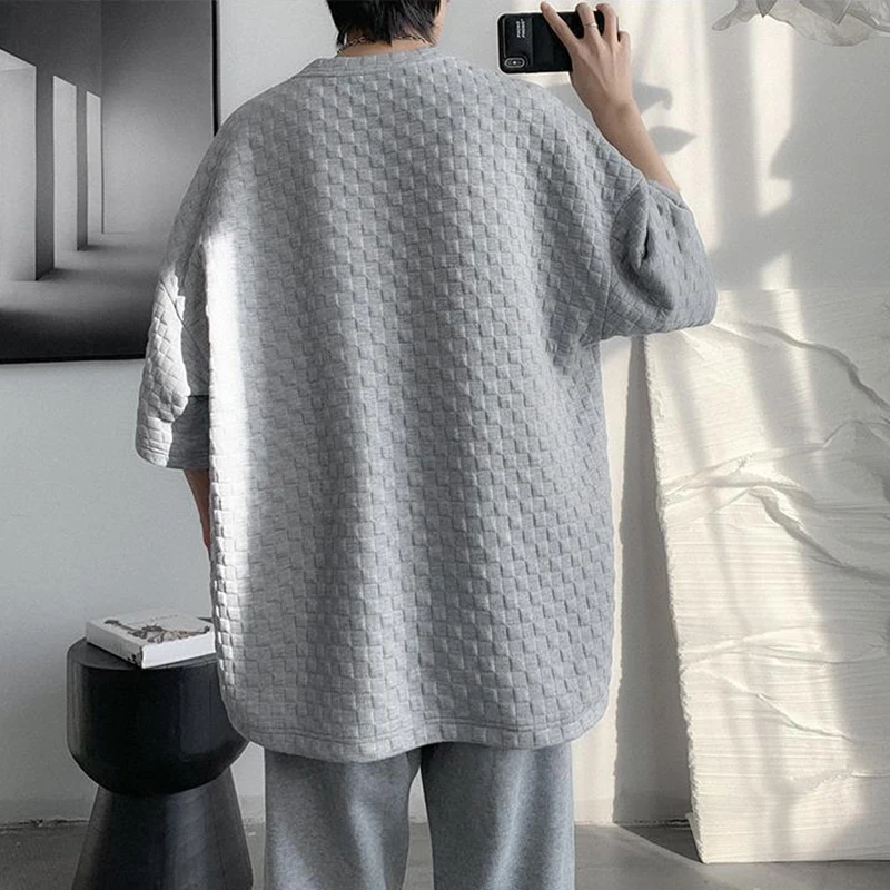 Футболка мужская с вафельным принтом свободная повседневная рубашка оверсайз в