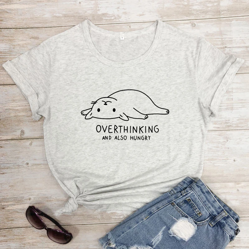 marble-black text Overthinking и также голод принт с милой кошкой Футболка женская Tumblr с графикой для хипстеров повседневные футболки топы летние Harajuku Забавные футболки - Цвет: marble-black text