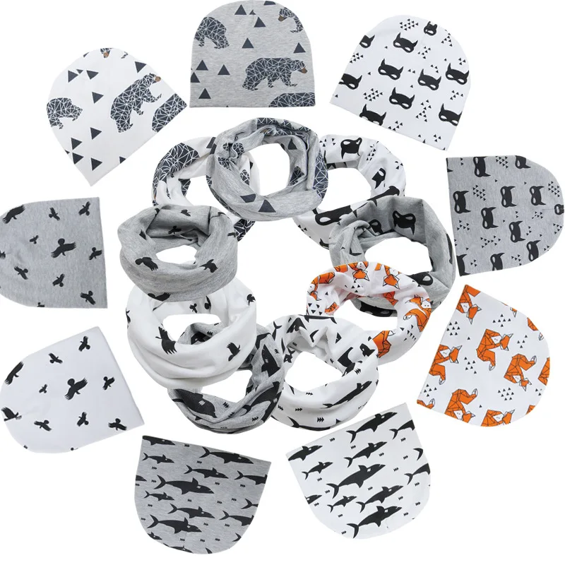 Baby Hat 2019 Winter Newborn New Boomer Cap Pullover Animal Print Children's + Bib Set Kids Hats | Детская одежда и обувь