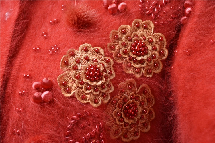 

Top quality female women christmas red vintage embroidery beading angora rabbit fur knitted cardigans mink cashmere coat winter