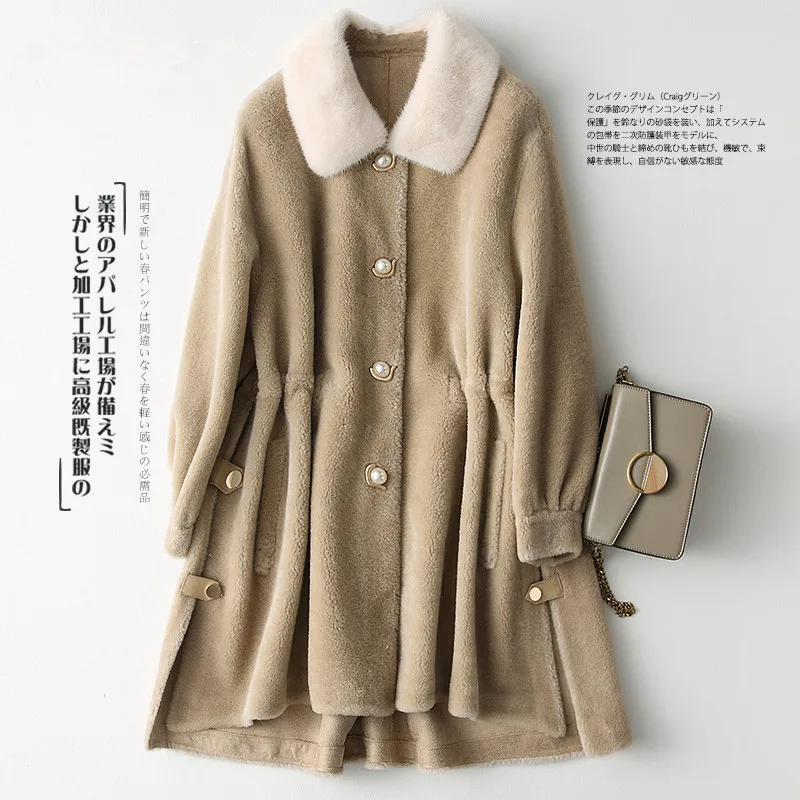 

Real Sheep Shearling Coat Female Mink Fur Collar Wool Coats Winter Jacket Women Korean Long Jackets Manteau Femme MY