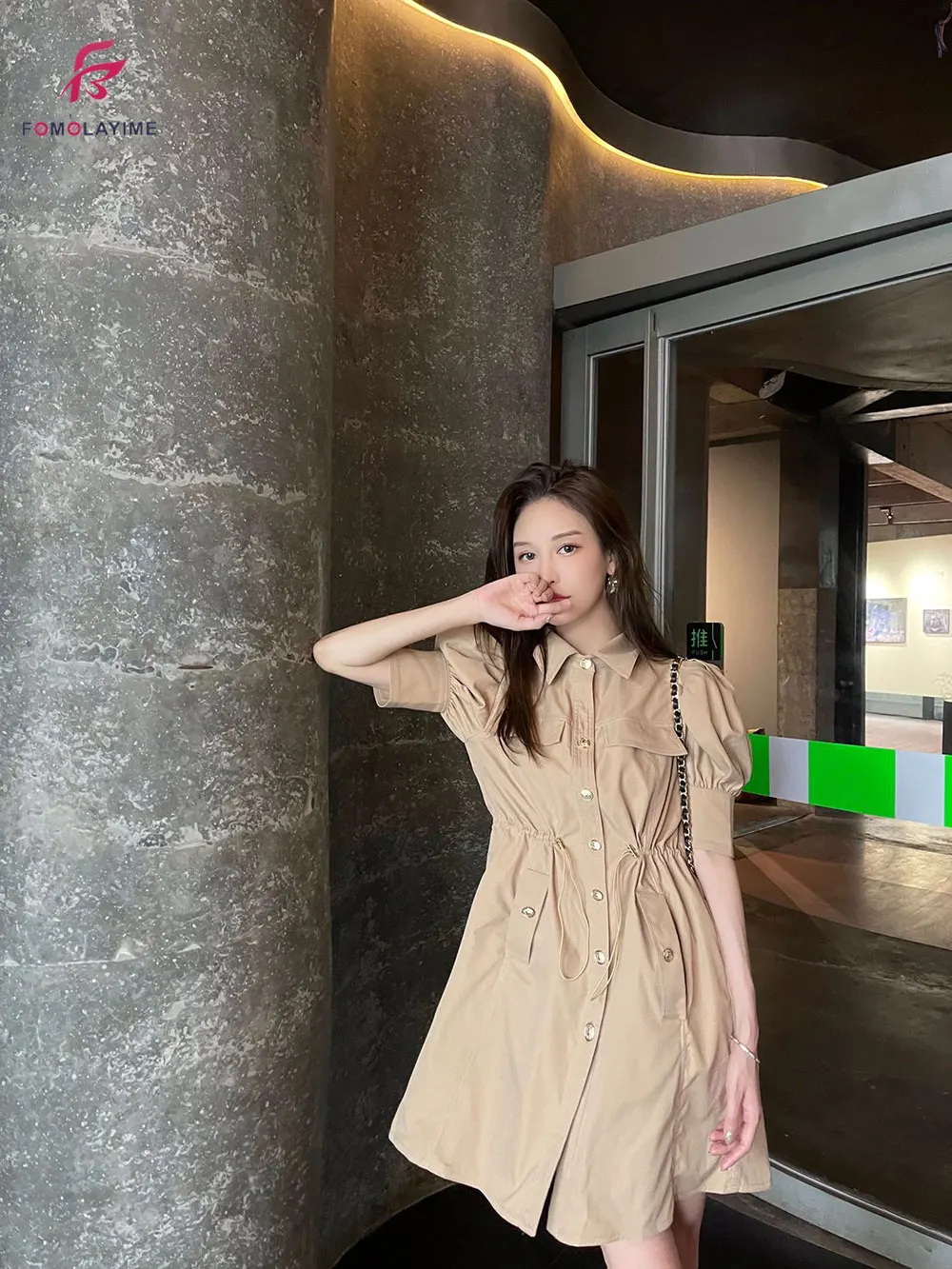 

2021 high quality puff sleeve polo collar british a-line skirt single breasted dress women