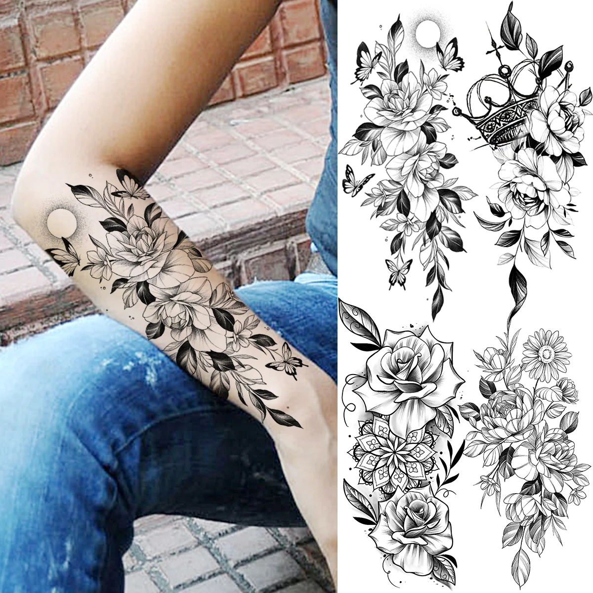 

Black Peony Flower Butterfly Temporary Tattoos For Women Adult Girl Rose Henna Crown Fake Tattoo Body Art Thigh Tatoo Paper