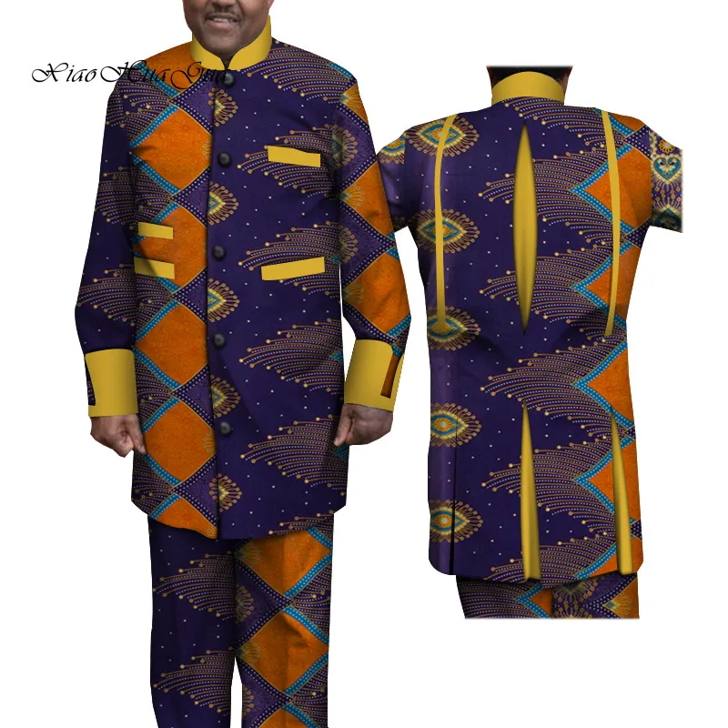 Дашики Мужская африканская одежда однобортный Топ рубашки и брюки наборы Bazin