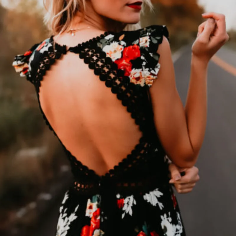 

Summer Long Floral Dress Elegant Vintage Boho Maxi Sexy Backless Party Beach Casual Midi Dress Fashion Asymmetry Long Dress