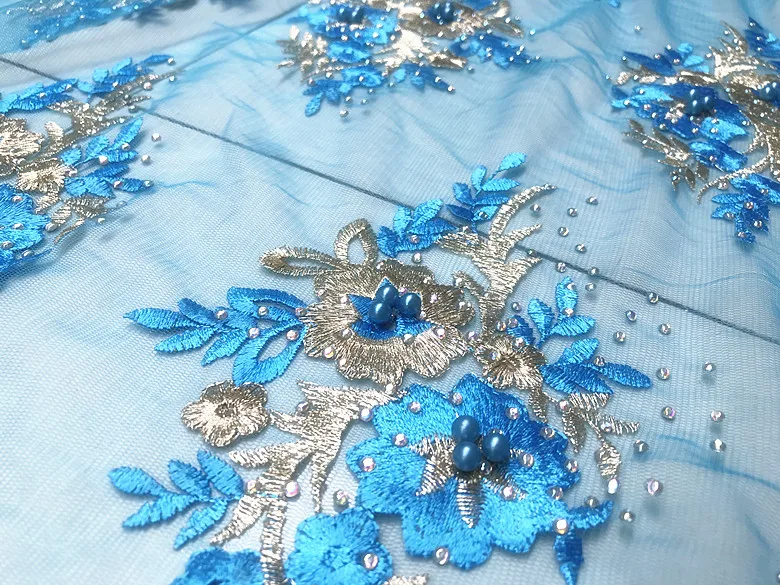 1 ярд/партия синие Бусины для ногтей + бронзовая вышитая кружевная ткань