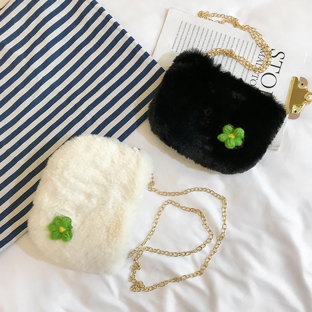 Fashion Faux Fur Women Crossbody Bag Winter Plush Fower Decoration Messenger Office Casual Female Shoulder Handbag | Багаж и сумки