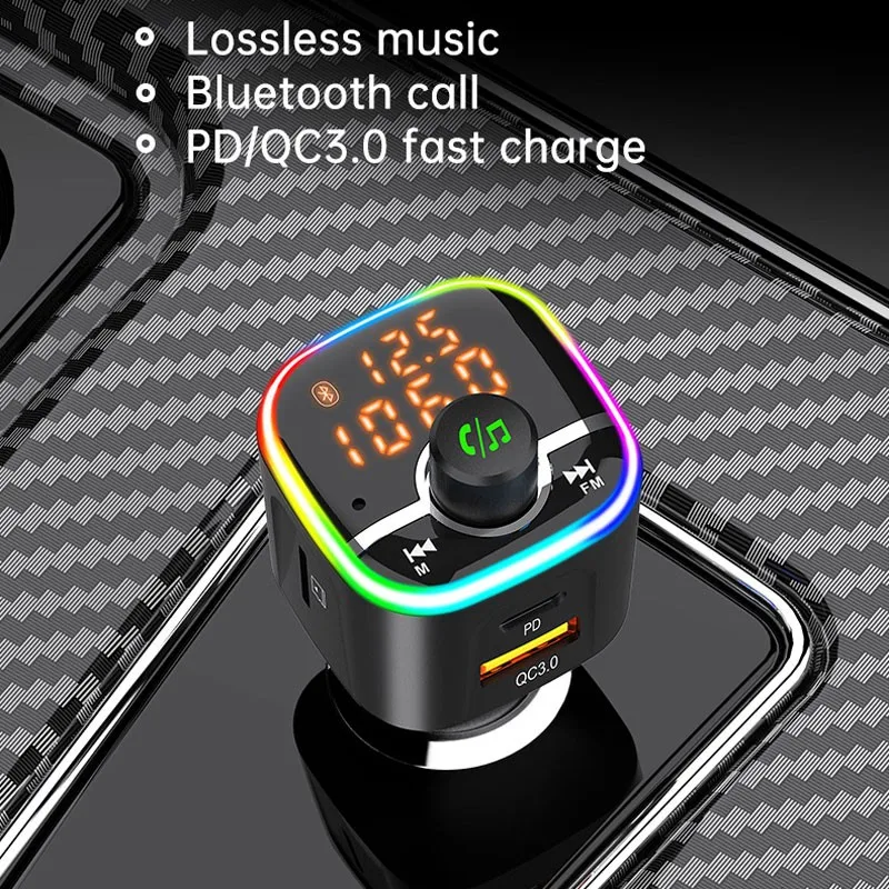 

FM Transmitter Wireless Modulator MP3 Player BC68 Car QC3.0 PD USB Fast Charger Bluetooth Handsfree Kit Colorful Atmosphere Lamp