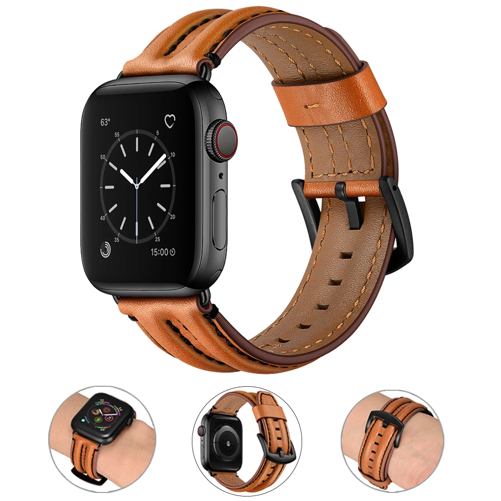 

Ремешок из натуральной кожи для Apple Watch Band 44 мм 40 мм 42 мм 38 мм, браслет с двойным keel для iWatch series 5 4 3 se 6