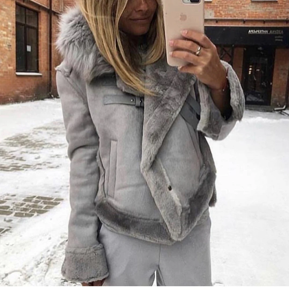 Замшевое пальто из меха ягненка Женская мотоциклетная куртка искусственного