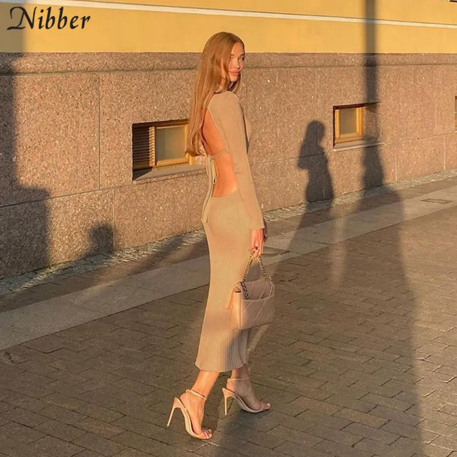 

Nibber Elegant Backless Female Autumn knitting Dress Fashion Casual Bandage Ribbing Midi Dress Simple Long-Sleeve Activity Wear