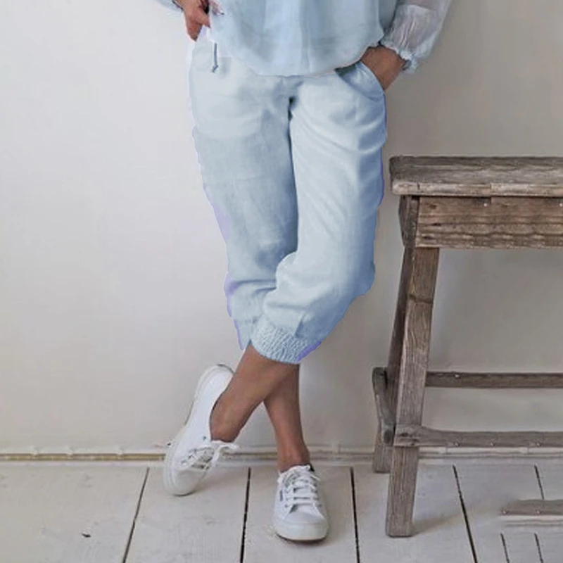 

Fashion White Women Cotton Pants Short Pants Capris Casual Loose Elastic Waist Female Plus Size Summer Calf-length Women Pants
