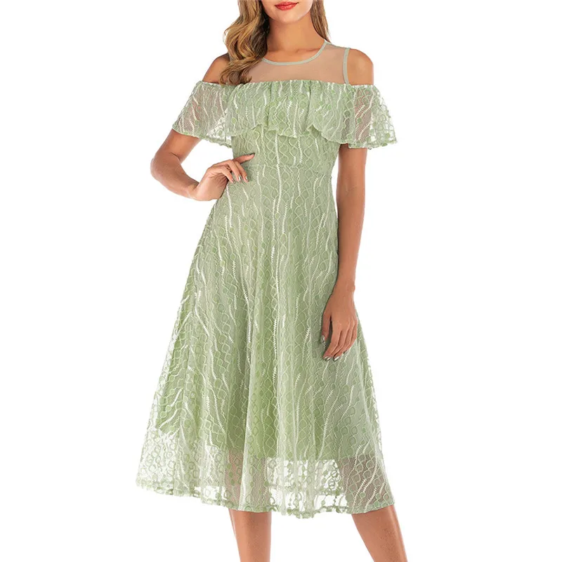 Женское платье с круглым вырезом кружевное вечернее средней длины коротким