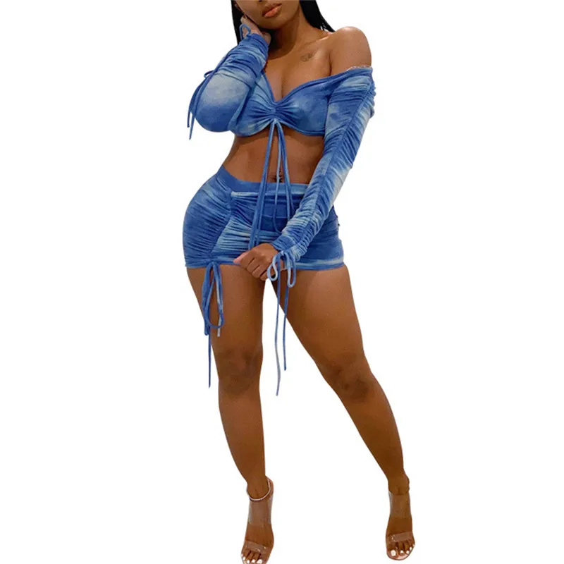 

Женские костюмы Hirigin Tie Dye, новый сексуальный короткий топ с V-образным вырезом и длинным рукавом и мини-юбка, костюм из 2 предметов на весну и о...