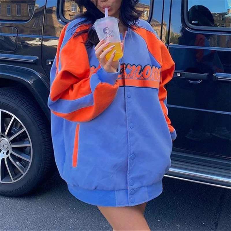 

Spring Fall Long Jacket Print Letters Contrast Color Women Fashion Single-breasted Long Sleeve SML Casual Outwear Y2k Jackets