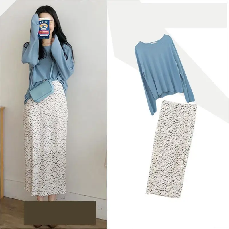 Женский костюм в горошек длинная юбка + Свободный Повседневный шерстяной свитер