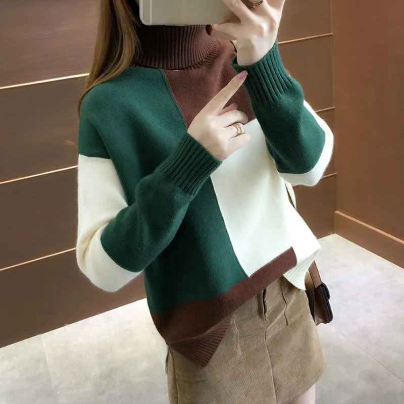 green coffee Woherb осенне-зимний свитер с высоким воротником Женская мода Harajuku Patckwork пуловер свитер с длинными рукавами трикотажные свитера Одежда - Цвет: green coffee