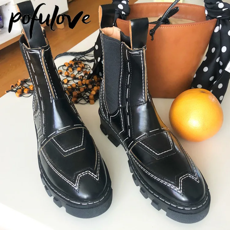 

Pofulove Women Boots Platform Chunky Shoes Black Pink Leather Chelsea Boots Ankle Booties Fashion Goth Punk Botas Woman Shoes
