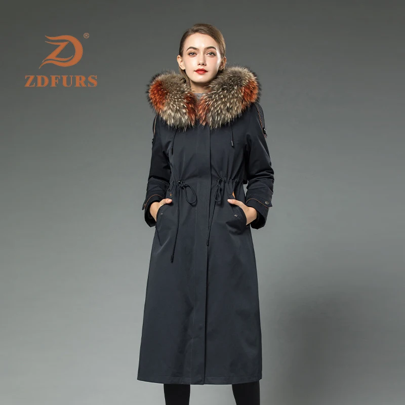 ZDFURS* Женская парка из меха кролика рекс с мехом енота с капюшоном зимний помпон из натурального меха длинная стильная ветрозащитная модная куртка