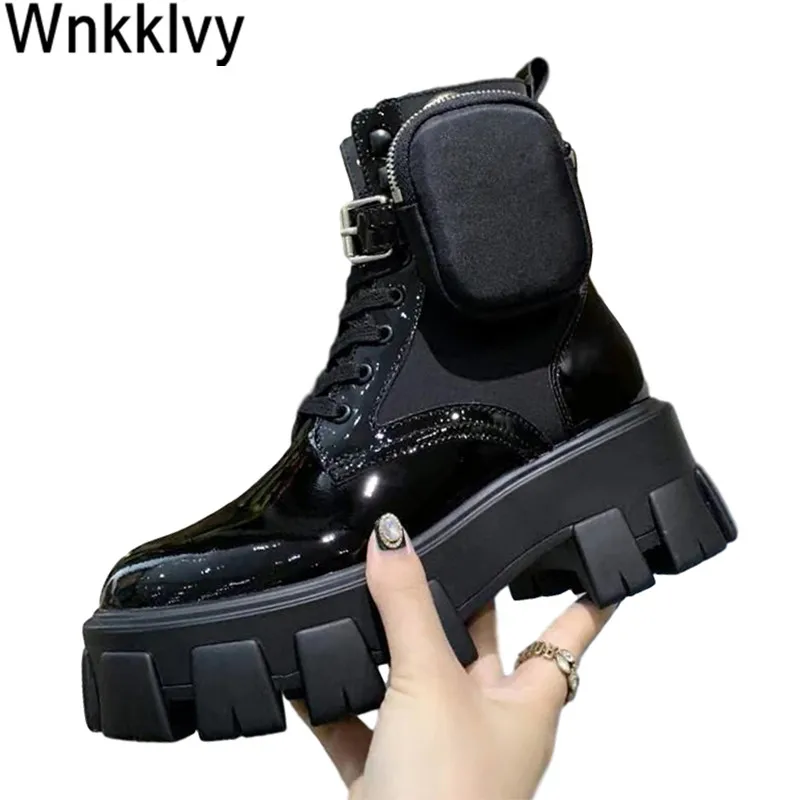 

Autumn Winter Thick bottom martin Boots Women Belt buckled pocket decor British catwalk ankle Boots Motorcycle Botas runway