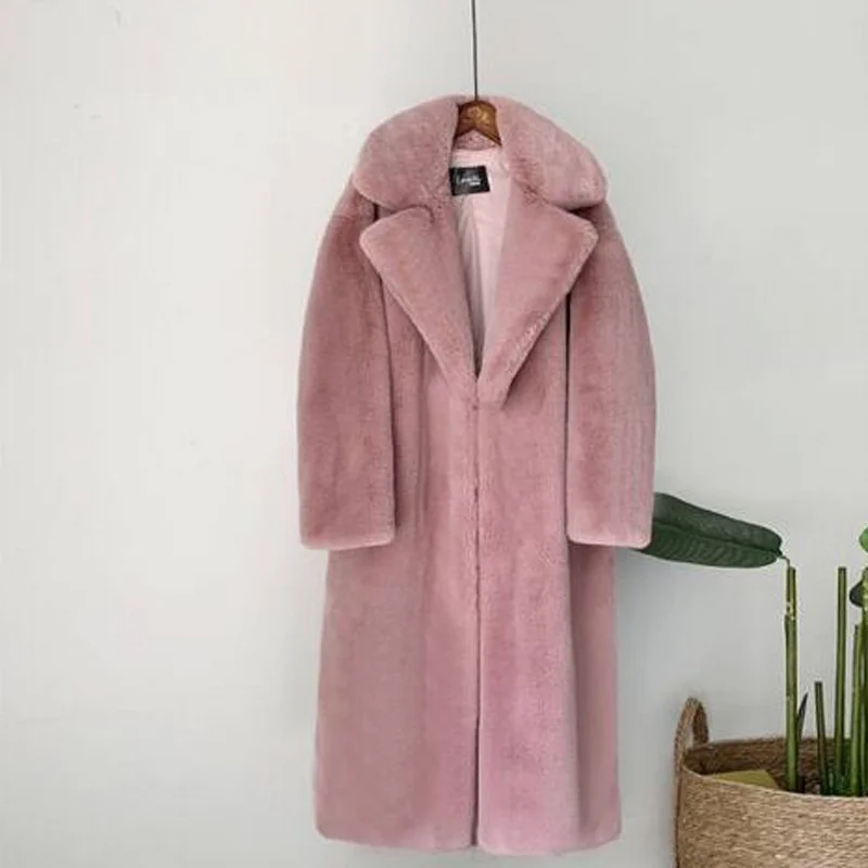 Winter Women High Quality Faux Rabbit Fur Coat Luxury Long Fur Coat Loose Lapel OverCoat Thick Warm Plus Size Female Plush Coats