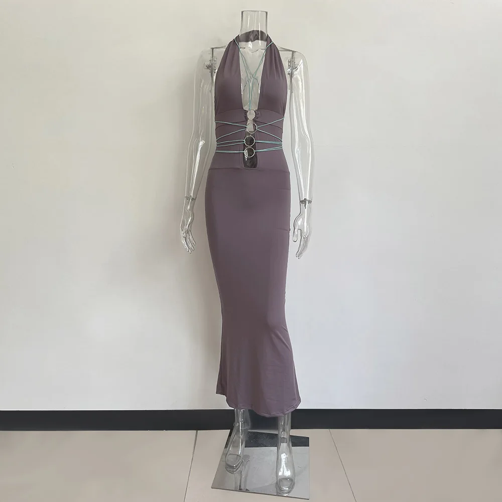 

DSMTRC 2021 Holiday Tight Beautiful Dresses Fitness Bandage Hollow Out Halter Bodycon Good Quality Women Party Outfits