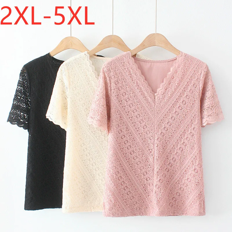 

Новинка 2021 женские летние размера плюс Топы Большие Короткие рукава тонкая эластичная розовая черная кружевная рубашка с V-образным вырезо...