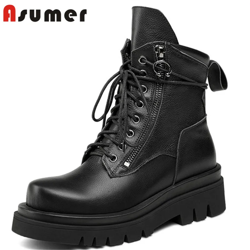 

Asumer 2021 hot sale genuine leather shoes thick bottom women's motorcycle boots fashion cool casual ankle boots woman black