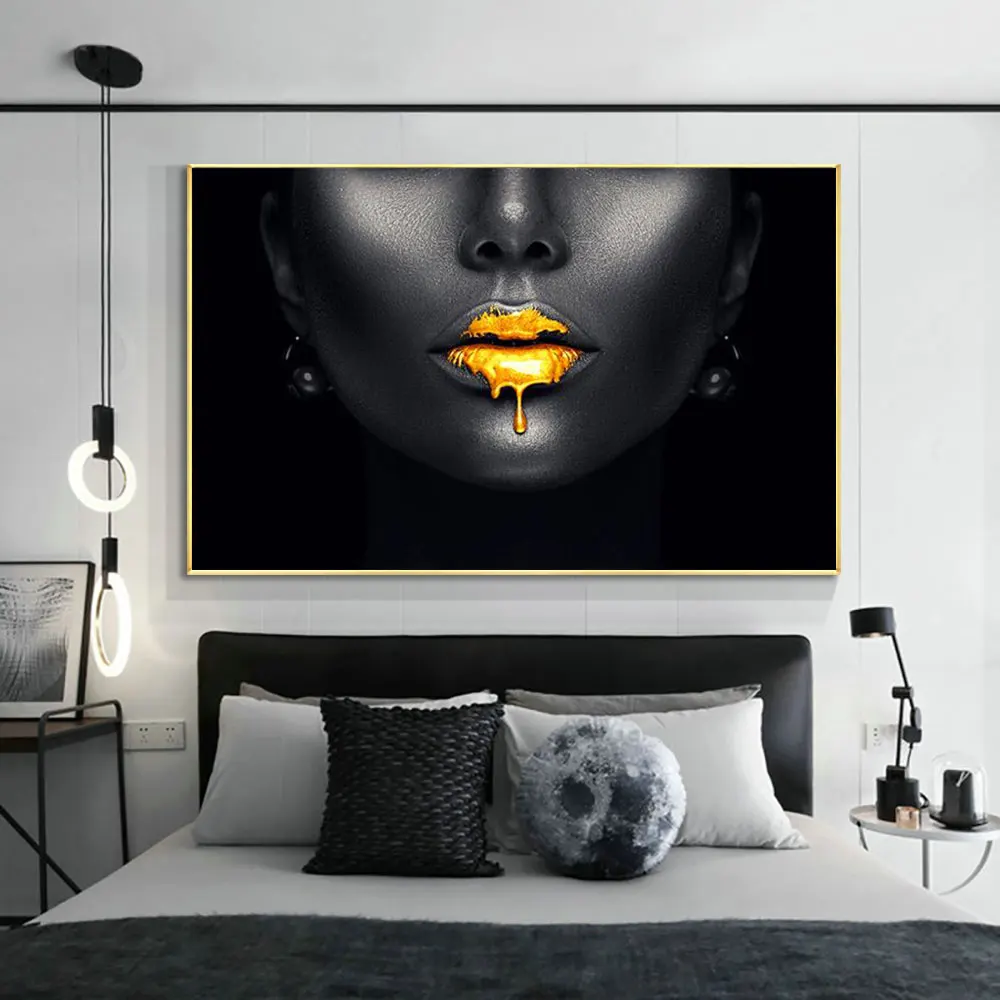 

Gold Lips African Black Woman Canvas Paintings on the Modern Wall Art Poster and Print Picture for Room Home Cuadros Decoration