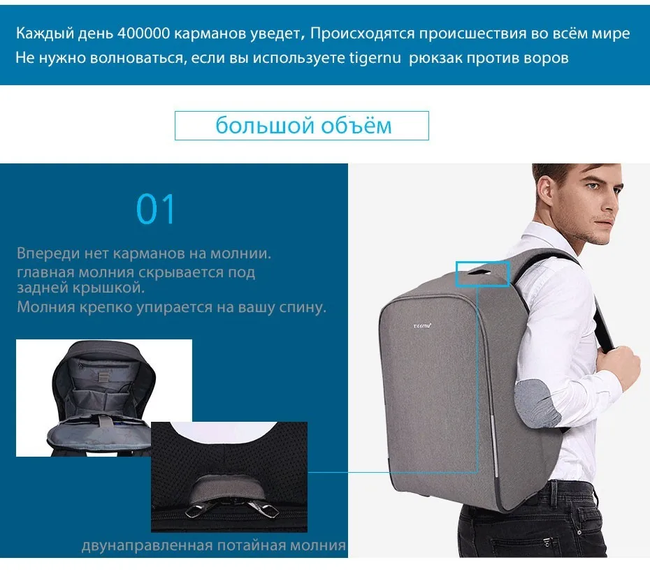 Портативный USB-порт для зарядки Tigernu Business Men Подходит для 15.6-дюймового ноутбука Портативная школьная сумка с водонепроницаемым чехлом от дождя