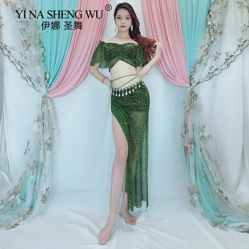 

Mesh Transparent Women Belly Dance Costume 2 Piece Long Skirt Professional Dance Practice Wear Team Dance Oriental Dance Clothes